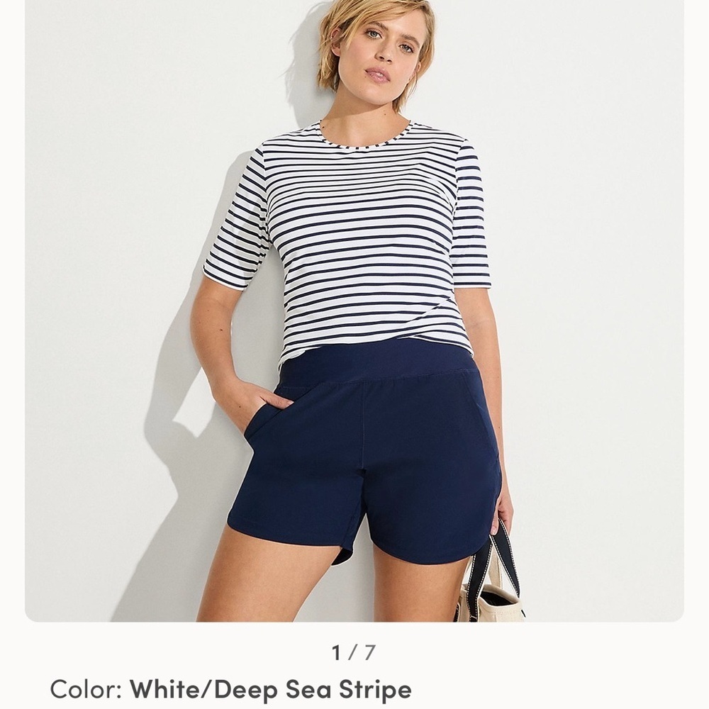 Lands' End Women's White and Navy Striped Blouse Size M- 10- 12